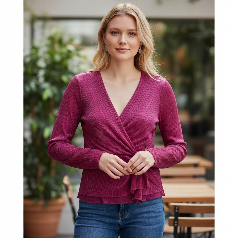 NWT Adrianna Papell Women's L Magenta Metallic Mesh Top Peplum 80s/90s Vibes